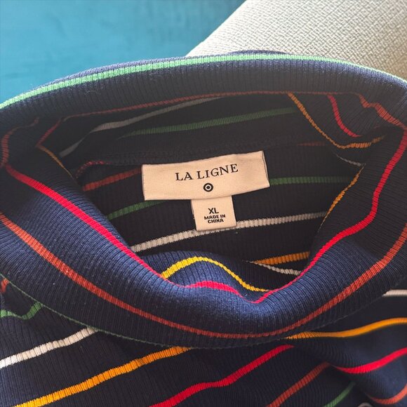 NWOT La Ligne Navy Blue / Multicolored Striped Ribbed Turtleneck - Picture 6 of 6